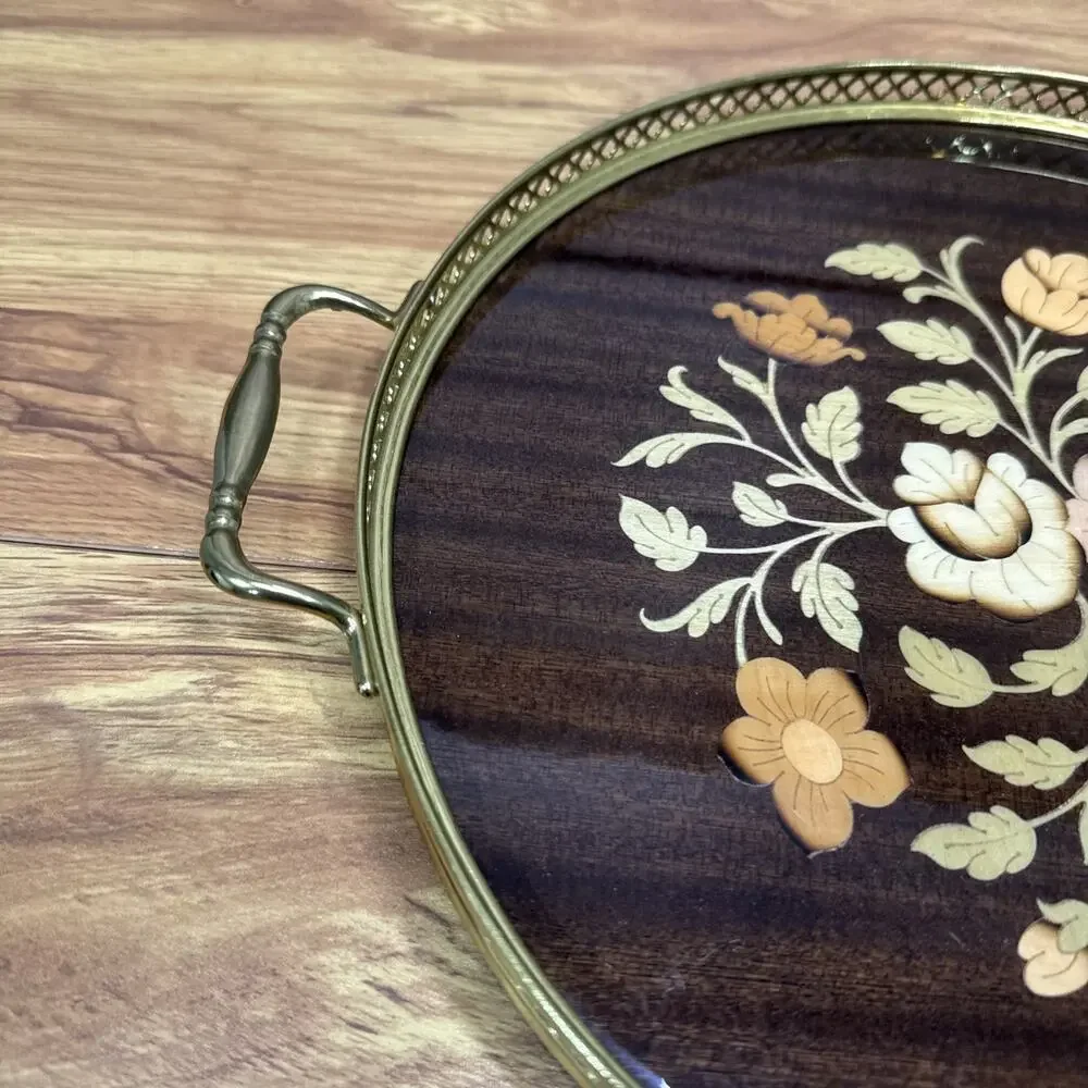Vintage Italian Marquetry Wood Inlay Tray Brass Handles Vanity Ornate 11-3/4”